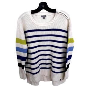 T by Talbots Women White Striped Cotton Blend Knit Sweater - 1X